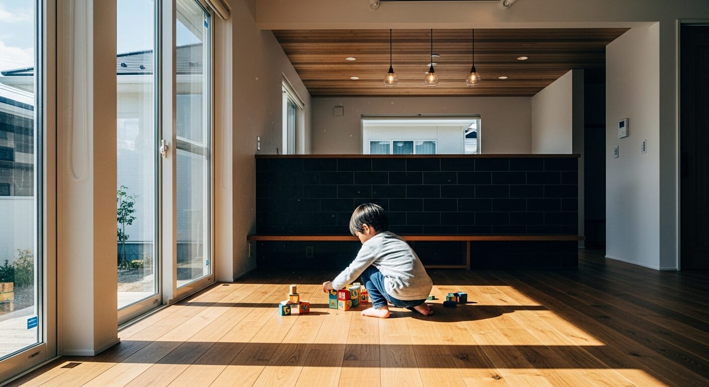 温かい床で家族団らん、一条の快適な暮らし