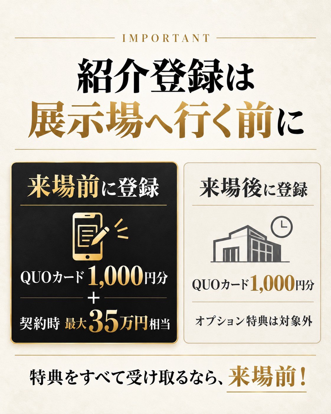 紹介登録は展示場へ行く前に。来場前に登録:QUOカード1,000円分+契約時最大35万円相当。来場後に登録:QUOカード1,000円分・オプション特典は対象外。特典をすべて受け取るなら、来場前