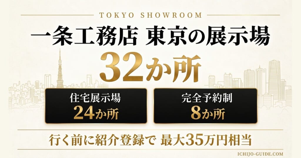 一条工務店 東京の展示場32か所（住宅展示場24か所・完全予約制8か所）。行く前に紹介登録で最大35万円相当